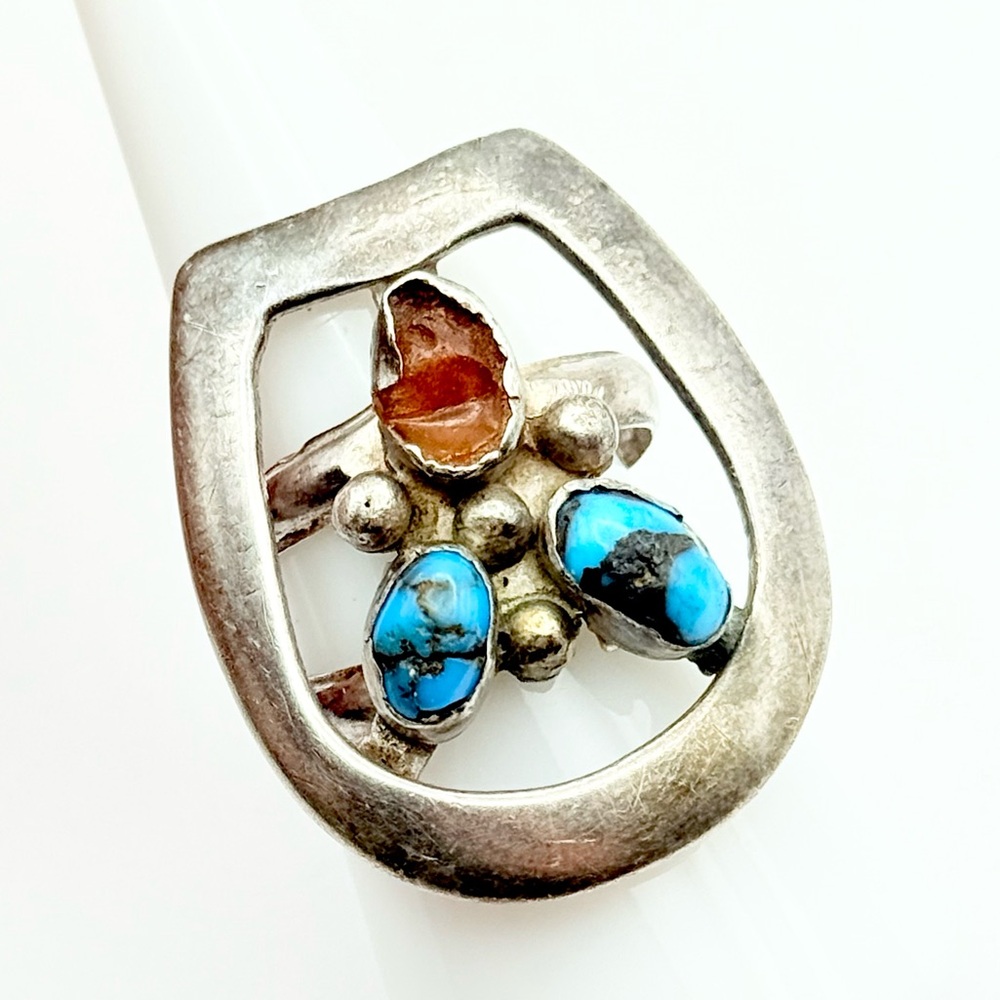 Vintage Turquoise Amber Sterling Silver Ring - Signed